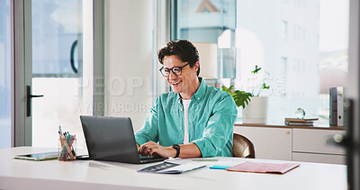 Laptop, typing and smile with business man in office for magazine subscription, client survey and research. Engagement tracking, newsletter poll and editor proposal with person in media agency