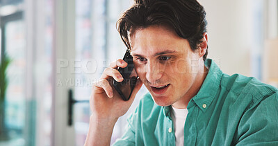 Buy stock photo Reading, phone call and chat with business man in office for news article, source fact check and editor. Publishing, contact and networking with person in media agency for communication and reporter