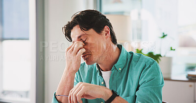 Buy stock photo Burnout, eye strain and stress with business man in office for accounting, finance or tax review. Brain fog, fatigue and headache with accountant person in financial workplace for risk management