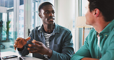 Buy stock photo Meeting, discussion and business men in office with advice, strategy and teamwork for company growth. Brainstorming, document and people in workplace with research, collaboration and idea planning
