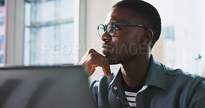 Buy stock photo Thinking, employee and man with laptop, office or plan for UX design on website, creative or online. Reflection, graphic designer and black person with solution for project, serious and research