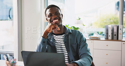 Buy stock photo Laptop, portrait and smile with business black man in office for magazine subscription, client survey or research. Engagement tracking, newsletter poll and editor proposal with person in media agency