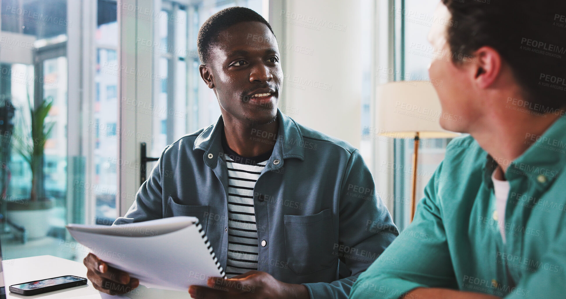 Buy stock photo Collaboration, conversation and documents with business men in office together for planning. Discussion, meeting and paperwork with employee people in workplace for report, review or strategy