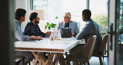 Buy stock photo Boardroom, laptop and meeting with business people at table together for coaching or training. Computer, conversation and management with mentor teaching employee team in workplace for development