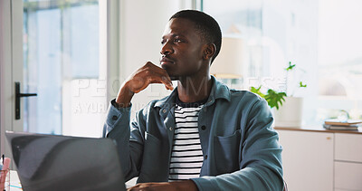 Buy stock photo Laptop, thinking and research with business black man in office for magazine subscription, client survey and vision. Engagement tracking, newsletter poll and reflection with person in media agency