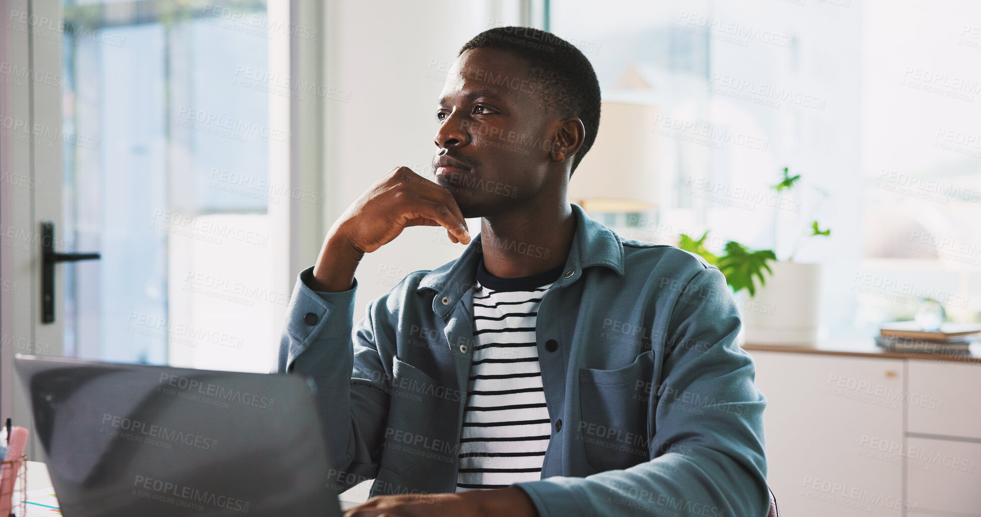 Buy stock photo Laptop, thinking and research with business black man in office for magazine subscription, client survey and vision. Engagement tracking, newsletter poll and reflection with person in media agency