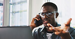 Laptop, phone call and confused with business black man in office for news article, source fact check and mistake. Publishing error, contact and research with person in media agency for online report