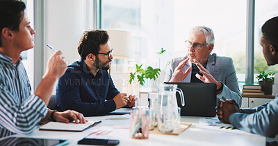 Buy stock photo Conversation, laptop and meeting with business people at table together for coaching or training. Boardroom. computer and management with mentor teaching employee team in workplace for development