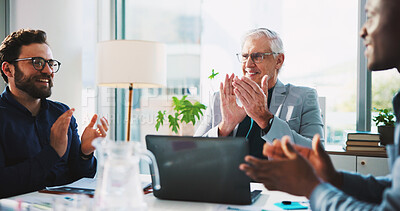 Buy stock photo Team, business men and applause in office to celebrate success, financial goal or achievement. Happy group, meeting and clapping with CEO for investment profit, win and target with company growth