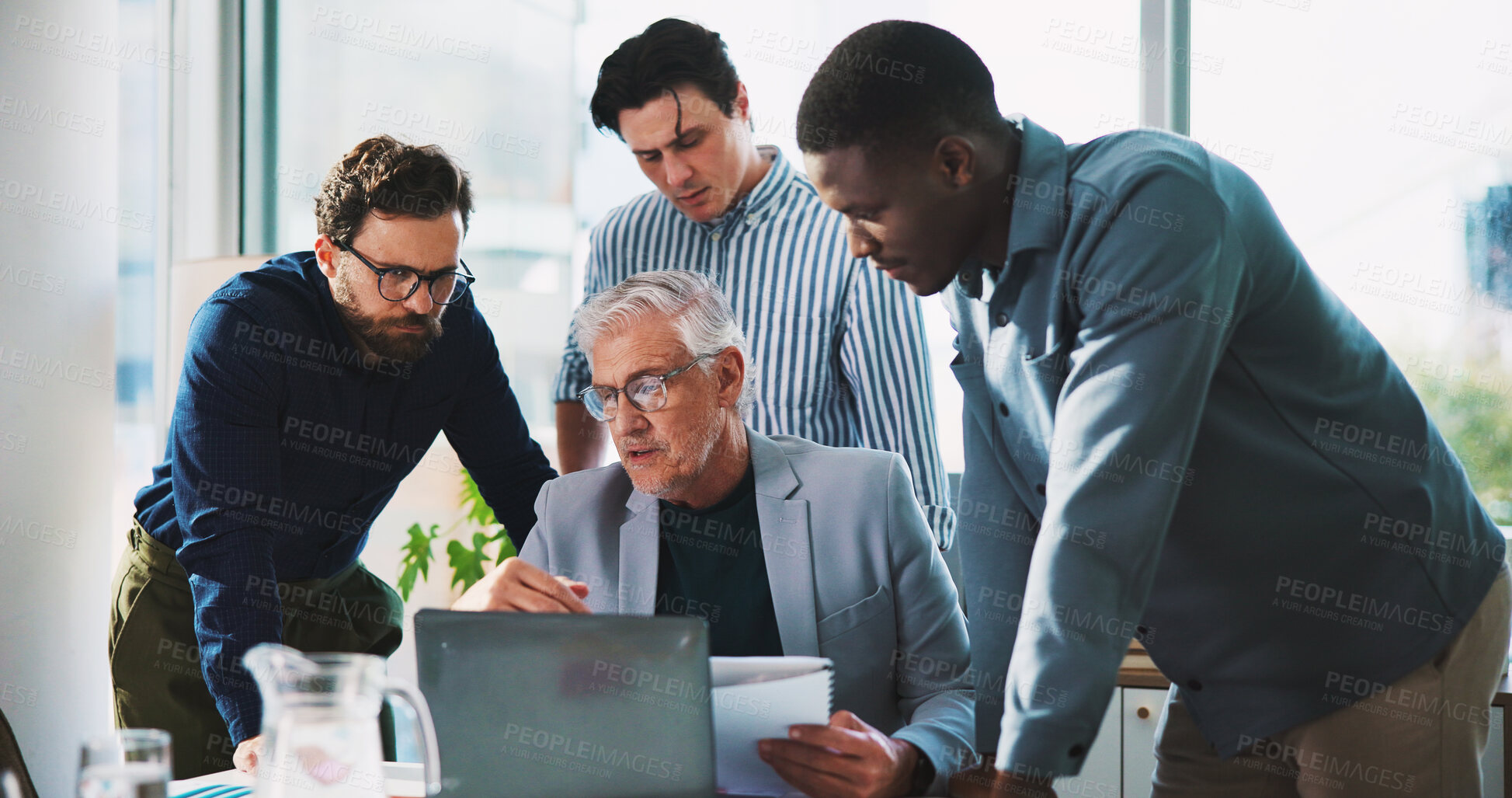 Buy stock photo Planning, strategy and men in office with laptop, brainstorming and problem solving in business. Research, team or people in workplace with computer, solution and collaboration for profit growth.