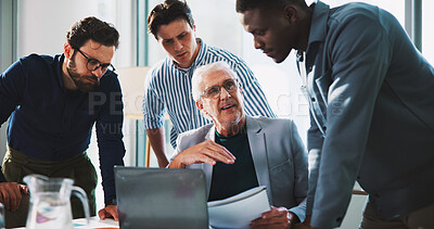 Buy stock photo Discussion, research and people in office with laptop, brainstorming and problem solving in business. Planning, team and men in workplace with computer, strategy and collaboration for profit growth.