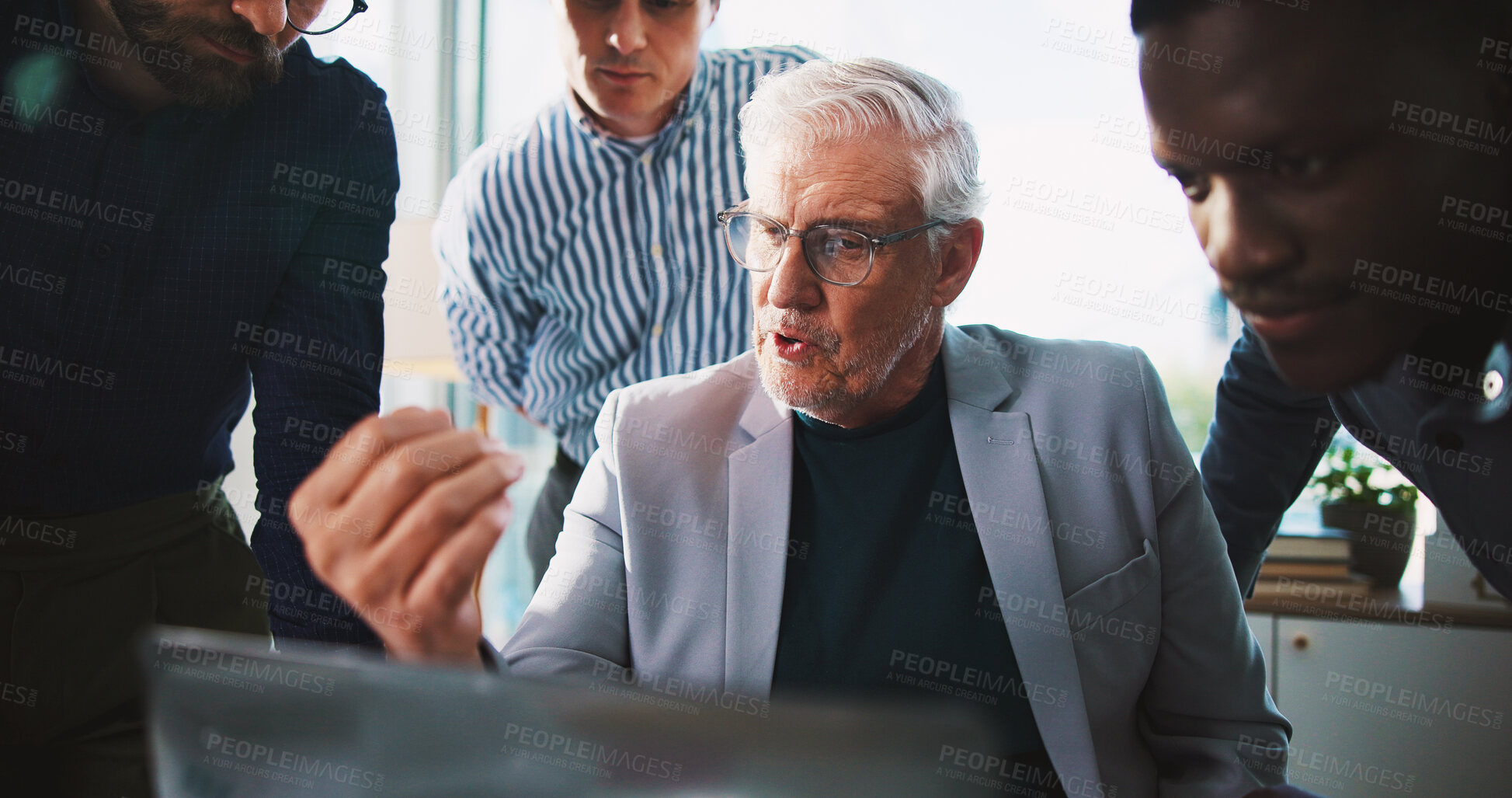 Buy stock photo Explain, laptop and meeting with business people in boardroom for coaching or discussion. Computer, feedback and training with manager speaking to employee team in office for development workshop