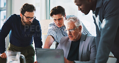 Buy stock photo Pointing, strategy and men in office with laptop, brainstorming and problem solving in business. Idea planning, team or people in workplace with computer, research or collaboration for profit growth.