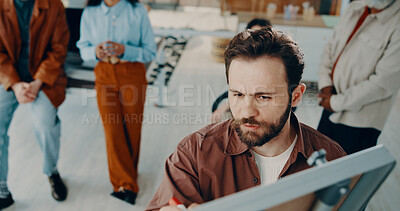 Buy stock photo Man, writing and whiteboard at startup in office meeting for team, planning or notes at media company. Person, above and presentation with collaboration, solution or group at creative agency