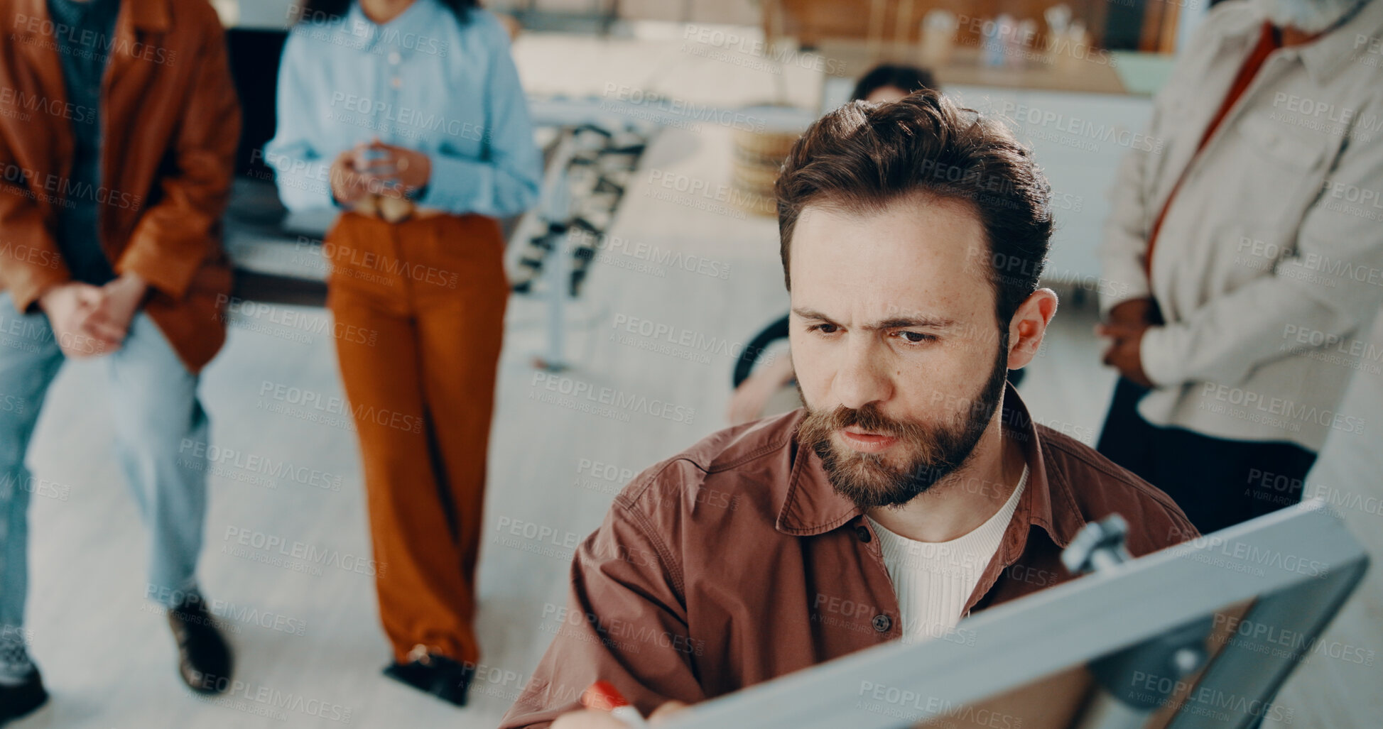 Buy stock photo Man, writing and whiteboard at startup in office meeting for team, planning or notes at media company. Person, above and presentation with collaboration, solution or group at creative agency