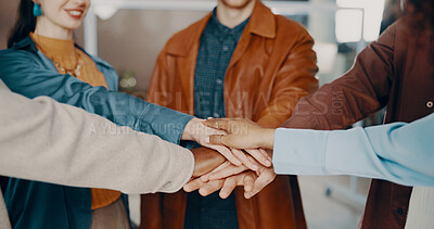 Buy stock photo Hands, people and huddle in office for support, teamwork and collaboration or unity. Employees, business and solidarity for project with synergy, coworking and motivation with mission for meeting