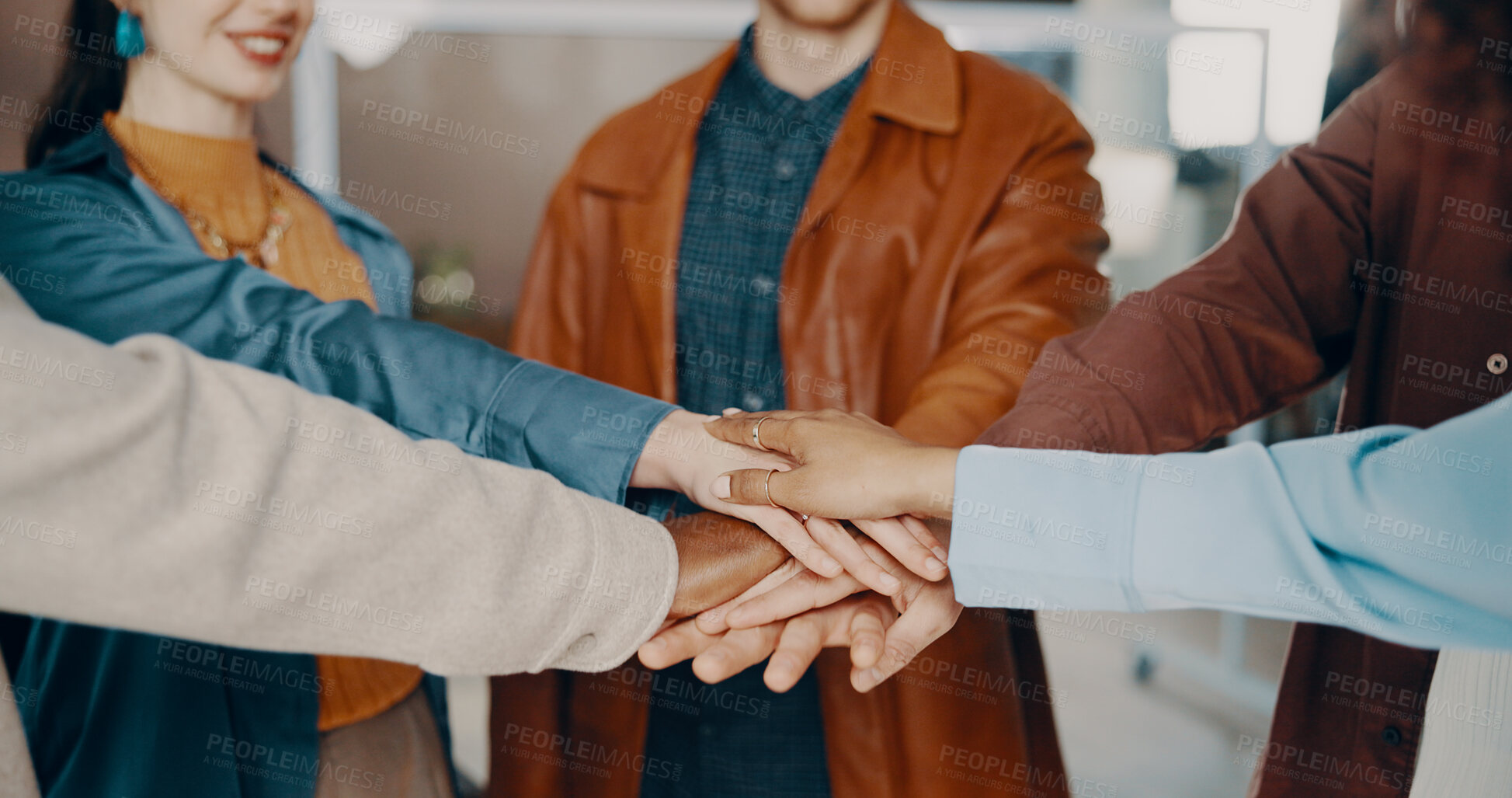 Buy stock photo Hands, people and huddle in office for support, teamwork and collaboration or unity. Employees, business and solidarity for project with synergy, coworking and motivation with mission for meeting