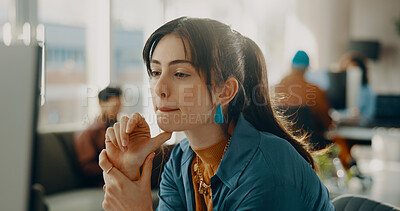 Buy stock photo Digital marketing, woman or reading on computer in office, review or improve idea for campaign proposal. Trend research, pc or people in creative agency for brand advertising, thinking and planning