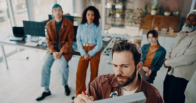 Buy stock photo Man, writing and board at office meeting with team, presentation or brainstorming at media company. Person, notes and above for checklist with project management, planning or group at creative agency