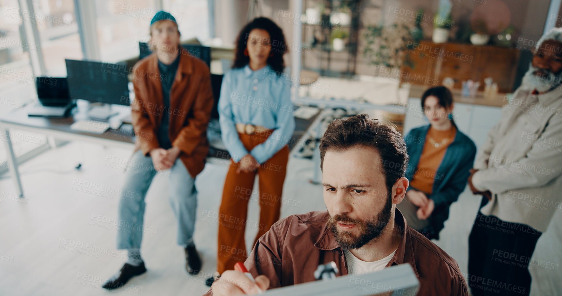Buy stock photo Man, writing and board at office meeting with team, presentation or brainstorming at media company. Person, notes and above for checklist with project management, planning or group at creative agency