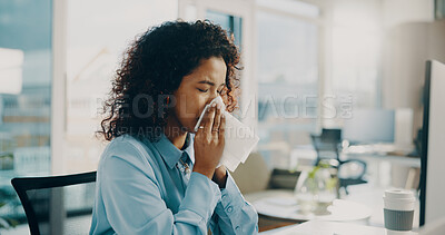 Buy stock photo Woman, blow nose and sick in office with sinus allergy, flu symptoms and congestion at tech. African employee, noncompliance and tissue in agency for pollen season, cold and viral infection at desk