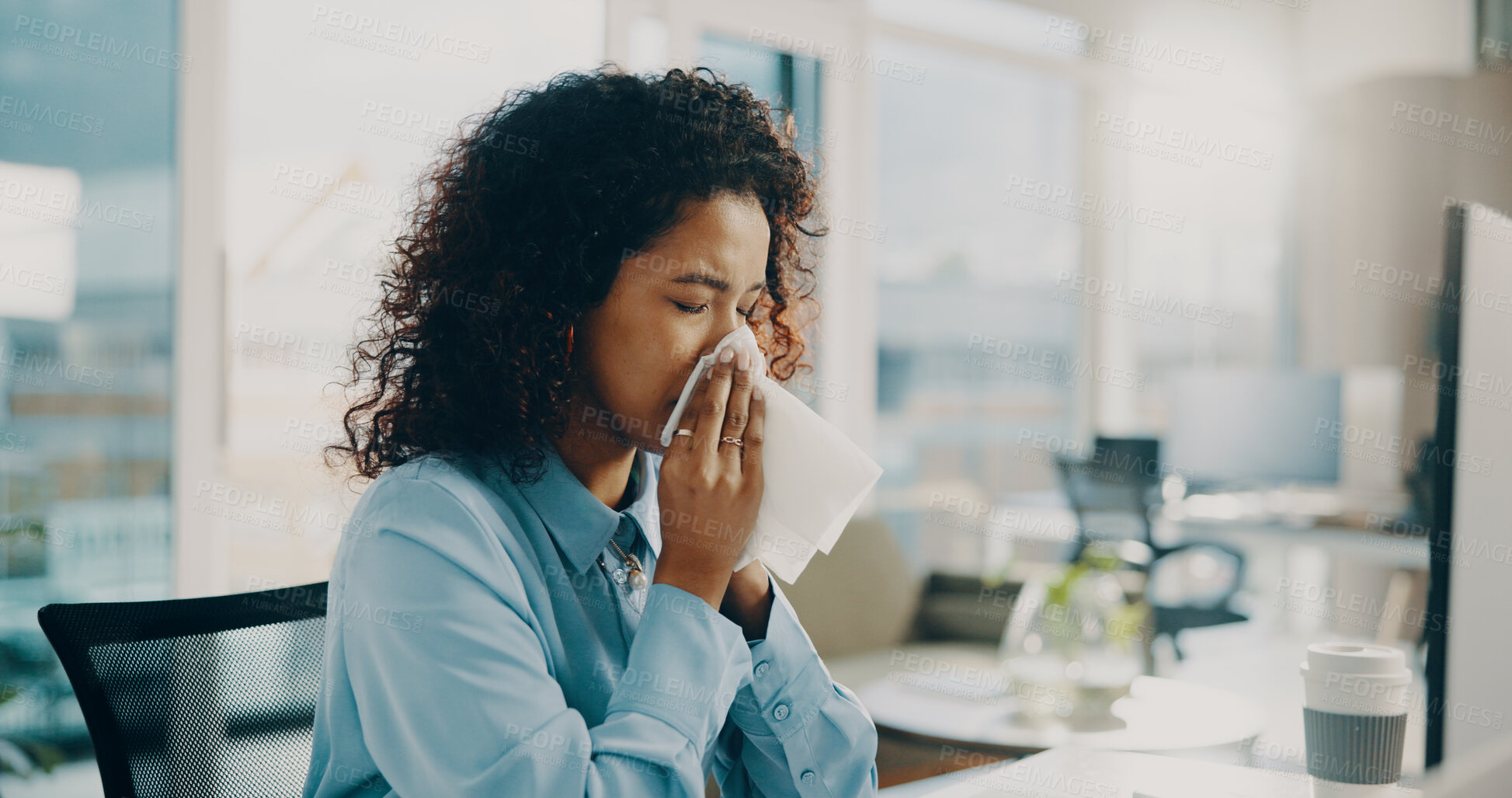 Buy stock photo Woman, blow nose and sick in office with sinus allergy, flu symptoms and congestion at tech. African employee, noncompliance and tissue in agency for pollen season, cold and viral infection at desk