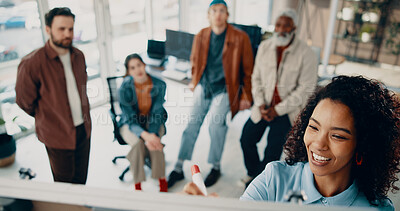 Buy stock photo Above, presentation and woman in office, teamwork or planning with creative agency. People, employees or magazine editor in workplace, brainstorming or feedback for project, ideas or schedule outline