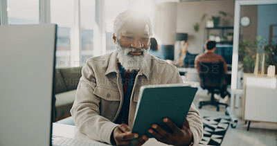 Buy stock photo Agency, proofreading and tablet with journalist man in workplace for publication approval. App, fact checking and information with mature manager in coworking office for online article review