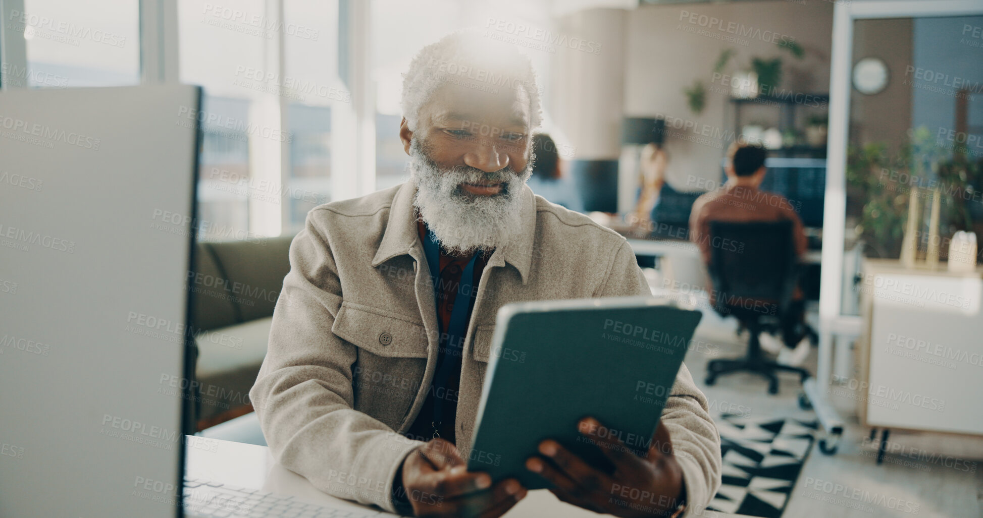 Buy stock photo Agency, proofreading and tablet with journalist man in workplace for publication approval. App, fact checking and information with mature manager in coworking office for online article review