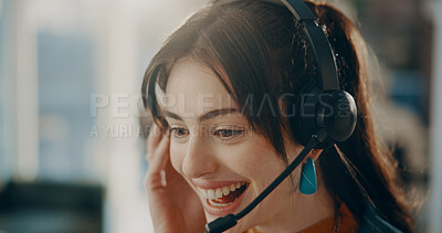 Buy stock photo Happy, woman and technical support consultant in office with crm, communication or contact us. Headset, mic and female call center agent with online consultation for customer service in workplace.
