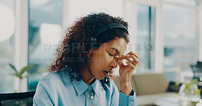 Buy stock photo Woman, call center and stress in agency with headache, contact us error or mistake. African consultant, customer support and migraine in office with headset, technical issue and difficult client