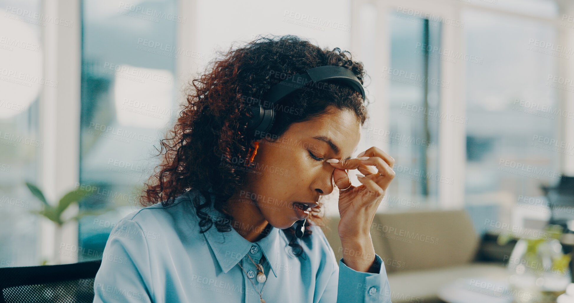 Buy stock photo Woman, call center and stress in agency with headache, contact us error or mistake. African consultant, customer support and migraine in office with headset, technical issue and difficult client