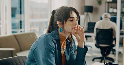 Buy stock photo Woman, bored or tired in office with low energy, thinking or reflection with employee reading in workplace. Serious, problem solving or female person at desk with fatigue or lazy for business review