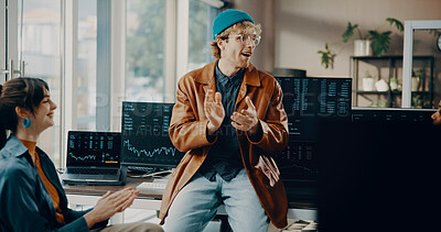 Buy stock photo Man, team and trader meeting with applause for investment success, trading dashboard or finance growth. Business person, stock market and achievement with partner, clapping hands and financial profit