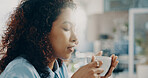 Woman, coffee and smell with thinking at office on break, reflection and inspiration at media company. Person, writer and aroma with flare, tea cup or beverage with perspective at creative agency