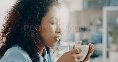 Buy stock photo Woman, coffee and smell with thinking at office on break, reflection and inspiration at media company. Person, writer and aroma with flare, tea cup or beverage with perspective at creative agency