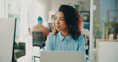 Buy stock photo Reading, computer and business woman in office for software development, online project or review. Laptop, serious and frontend developer with update, creative problem solving or website design