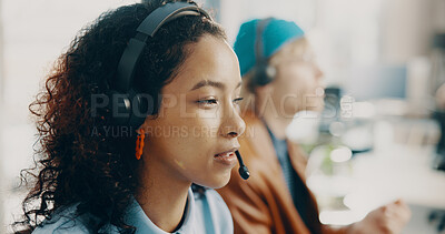 Buy stock photo Headset, woman and call center consultant in office with crm, communication or contact us. Professional, mic and technical support agent with online consultation for customer service in workplace.