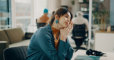 Buy stock photo Business woman, bored or tired in office with low energy, thinking or reflection with agent at call center. Serious, problem solving or consultant at desk with fatigue or lazy for customer care