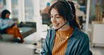 Headset, woman and customer service consultant in office with crm, communication or contact us. Happy, mic and female technical support agent with online consultation for call center in workplace.