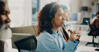 Buy stock photo Coworking, woman and agent with headset, call center and talking to contact, communication or sales. Business, consultant and people with tech for telemarketing, help and explaining services with mic