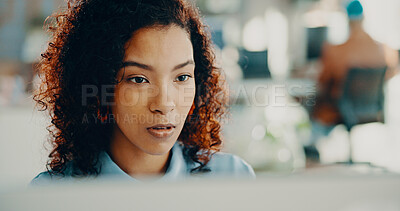Buy stock photo Business, computer and woman with online reading, review article and magazine website. Creative agency, person and journalist in office, pc and internet with editing for news report, email and ideas