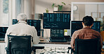 Men, computer screen and team with trading at office with stats for stock market, graphs and review. Business people, pc and monitor with charts, back and fintech with insight at investment agency