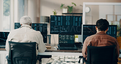 Men, computer screen and team with trading at office with stats for stock market, graphs and review. Business people, pc and monitor with charts, back and fintech with insight at investment agency