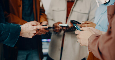 Buy stock photo Business people, hands and typing with phone in circle for data sync, share or communication in office. Support, group or employees with mobile smartphone for networking or connectivity together