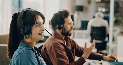 Buy stock photo Coworking, woman and smile with headset, call center or friendly to contact, communication or sales. Business, consultant and people with tech for telemarketing, happy and explaining service with mic