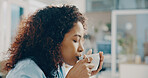 Drinking, coffee and woman on break, office or reporter with warm beverage, media or creative agency. Calm, employee and person with tea for health benefits, space and relax with liquid in newsroom