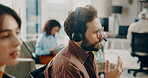 Headset, man and call center consultant in office with crm, communication or contact us. Talking, mic and male technical support agent with online consultation for customer service in workplace.
