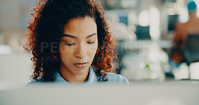 Buy stock photo Business, computer and woman in office, internet or magazine website with creative agency. Person, writer or journalist in workplace, pc or research for article, submission or editing for news report