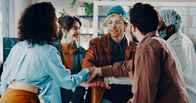 Buy stock photo Hands, people and huddle in office for meeting, teamwork and collaboration or unity. Employees, business and solidarity for project with synergy, coworking and motivation with mission for support